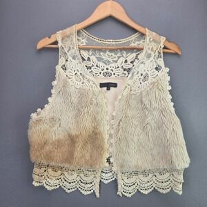 Love Posh Faux Fur Lace Vest L Cream Boho Crochet Shaggy  Festival Sleeveless